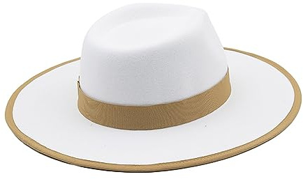 Newwyt Femmes Blanc Large Bord Plat Panama Chapeau Plume nœud Papillon Laine Fedora Chapeau pour Automne Hiver Large Bord Chapeau Laine Tissu