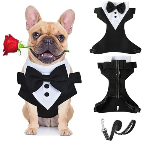 Dog Tuxedo Harness with Leash Set,Pet Wedding Chest Strap Formal Vest with Bow,Adjustable Pet Tailcoat Vest Harness for Puppy Small Medium Dog_S(Black)