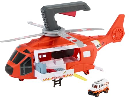 Matchbox Spielzeugauto und Spielset, 40 cm großer Hubschrauber, der Sich in Rettungsstation verwandelt lässt, durch das Kind antreibbarer Propeller, mit Die-Cast-Rettungswagen im Maßstab 1:64, HXM74