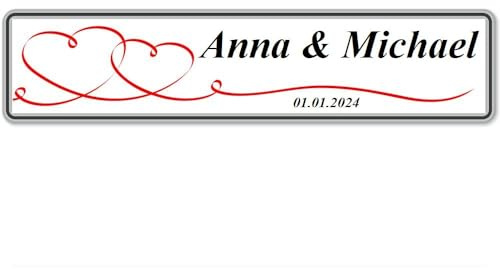 1x Hochzeit Autoschild mit Wunschtext Hochzeitsschild Hochzeitsauto Kennzeichen aus Aluminium Digital Druck (Rote Herzen)