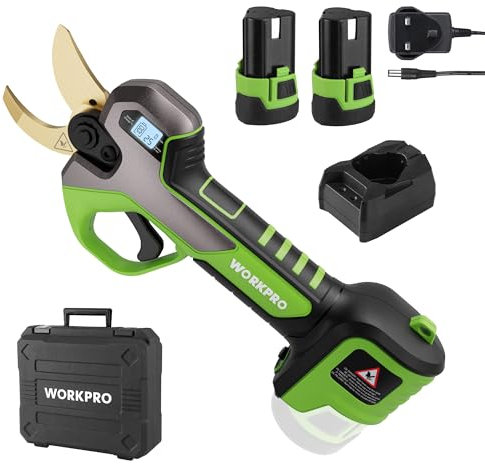 WORKPRO 12V Cordless Electric Pruning Shears | Heavy Duty 2PCS 2.0Ah Li-ion Battery Secateurs with SK5 Blades|Switchable 2 Cutting Ranges, Max Cutting 25mm Shears | with LCD Screen, Can Count