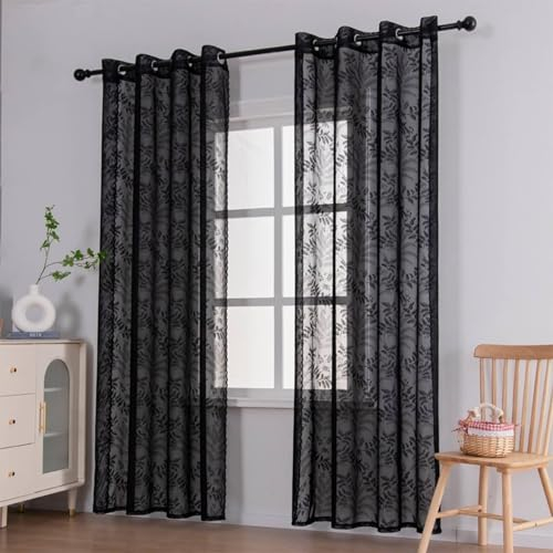 Bishilin Vorhänge Lichtdurchlässig Schwarz, Gardinen Ösen 2er Set 140x215CM Jacquard mit Blätter Muster Nordisch Gardinen Halbtransparent Küche Wohnzimmer Kinderzimmer