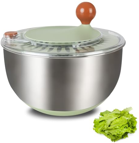 Lunememo Salad Spinner Stainless Steel 18/8 with Lid, Non-Slip Base & Stop Button, Large Salad Spinner, BPA-Free, 5 Litres