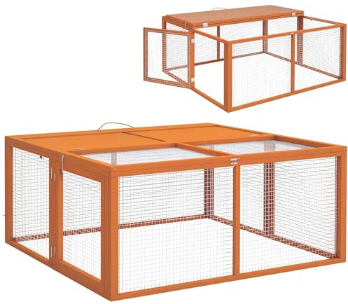PawHut Conigliera Pieghevole per 2-3 Roditori con Ingressi Multipli, Gabbia per Conigli in Legno e Acciaio, 110x105x50 cm, Arancione
