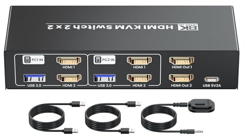 8K HDMI KVM Switch 2 Monitors 2 Computers, 4K120Hz USB 3.0 Dual Monitor HDMI KVM Switcher 2 In 2 Out for 2 PC Share Two Monitors and Keyboard Mouse printers and more