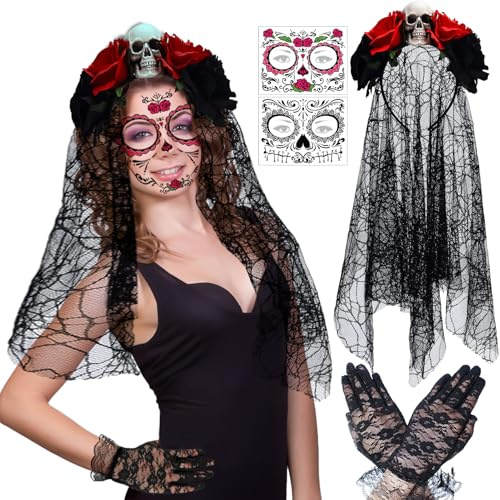 JWDMHSJ Halloween Tag der Toten Haarreif und Schleier, Tag der Toten Haarschmuck Halloween Haarreif Künstliche Blumen Rose Spitzenhandschuhe für Halloween Kostüm Damen