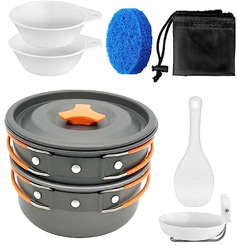 WOONEKY Portable Camping Cookware Set with Orange Handle, Outdoor Hiking Cooking Utensil Kit, Travel Cooking Set for Camping and Picnics