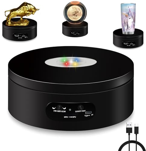 YVVV LED Drehteller Elektrisch - 360° Leiser Drehteller mit 8 Farben, Einstellbarer Richtung und Geschwindigkeit, 12cm Schwarzer Sockel für Ausstellung, Batterie und USB-Betrieben
