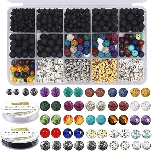 Eliano Juego de 600 cuentas de lava, cuentas negras y coloridas de chakras (4 mm a 8 mm), con espaciador de metal y cuerdas elásticas, kit de pulsera para hacer joyas, meditación y proyectos de atenci