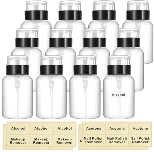 Layhit 12 Pack 6.8 oz (200ml) Push Down Lockable Pump Dispenser Bottle with Stickers, Alcohol Push Down Empty Refillable Container for Nail Polish Remover, Alcohol & Makeup Remover (Black Top Cap)