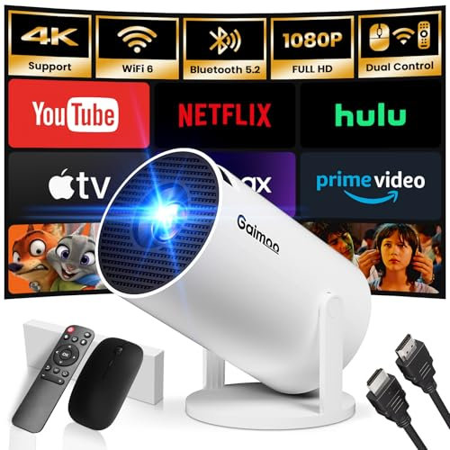 [App integrata] Mini Proiettore 2025 Proiettore Portatile Dual Control con Mouse Android TV Auto Keystone WiFi 6 BT5.2 180° Rotatable HDMI/TV Stick/USB/PS5/Laptop, con Cavo HDMI & Mouse