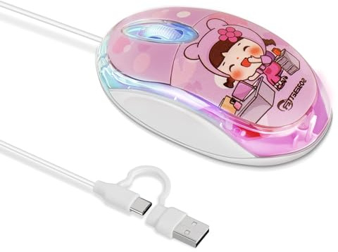 elec Space USB Type-C Mouse - Cute & Portable Wired Mouse with 7-Color LED, Silent Clicks, Mini Design for Laptop, MacBook Pro, Android Tablets (Pink)