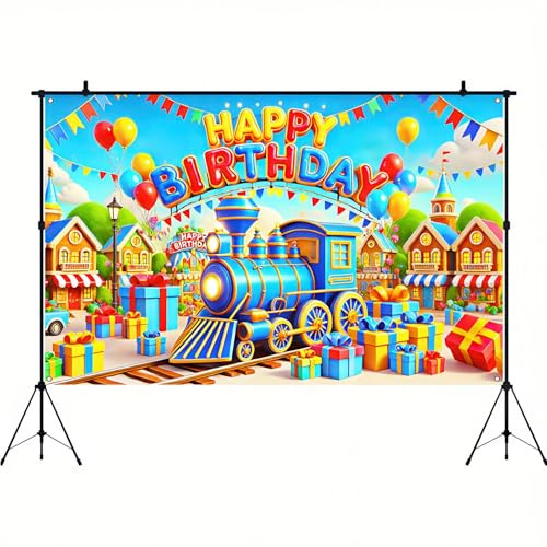 BlissYard Telón de fondo de feliz cumpleaños, colorido tren de dibujos animados, pancarta de fiesta de cumpleaños de 71 x 43 pulgadas para niños, niñas, niños, tren, fiesta de cumpleaños, decoración