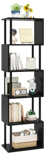 IBUYKE Bücherregal 6 Ebenen,S-förmiges Bücherschrank,Schwarz WBC016B | Raumteiler Standregal Holz Stufenregal mit Aufbewahrung Bücherregale für Wohnzimmer Schlafzimmer