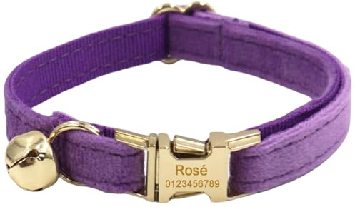 Personalisiertes Katzenhalsband mit Namensschild, verstellbares Samt Katzenhalsband mit Glocke, Haustier Halsband mit Name Telefonnummer Gravierte ID Tags (Deep Purple)