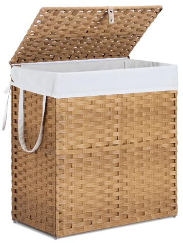 110L Laundry Hamper with Lid, Hand-Woven Pp Rattan Laundry Basket with Compartments & Handles, Removable Liner Bags,Foldable, Narrow Dirty Clothes Basket, Yellow