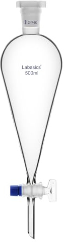 Labasics Embudo de Separación Cónico de Vidrio de Borosilicato de 500 ml con Llave de Vidrio, Ideal para la Separación de Líquidos en Laboratorios