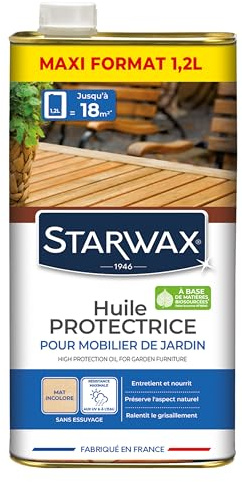 STARWAX Huile protectrice pour mobilier de jardin 1,2L incolore | Nourrit et protège les bois de jardin grisés, anti-tache anti-graisse, barrière anti-UV, aspect mat, rendement 15m²/L