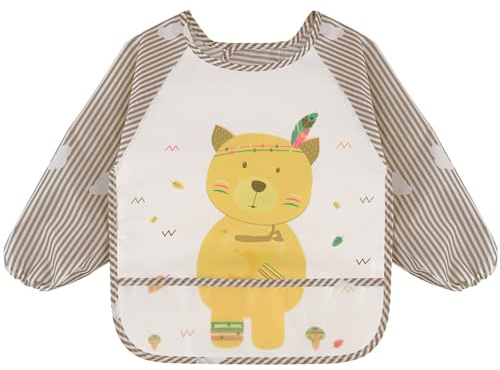 Vancle Bavaglini con Maniche Lunghe, Bambini Bavaglino Impermeabile, Sottile Leggere Grembiule Pappa Svezzamento per Dipingere, Giocare e Mangiare 12-36 Mesi (Orsetto)