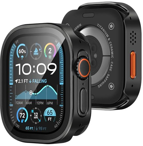 Amizee Metallfodral kompatibelt med Apple Watch Ultra 3/2/1 49 mm med härdat glas, ultratunn rak kant med heltäckande skyddshölje för iWatch 49 mm, svart