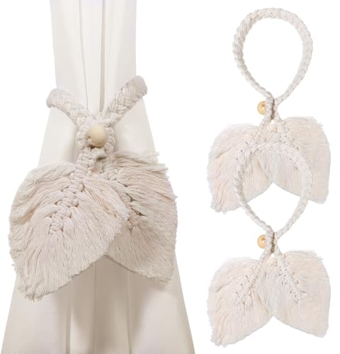 2 Stück Boho Blattquasten Vorhang Raffhalter Handgefertigte Vorhangbänder Gewebte Baumwoll Schnur Vorhanghalter Beige Mit Verstellbarer Natürlicher Holzperle Gardinenhalter Vorhangseil Curtain Rope