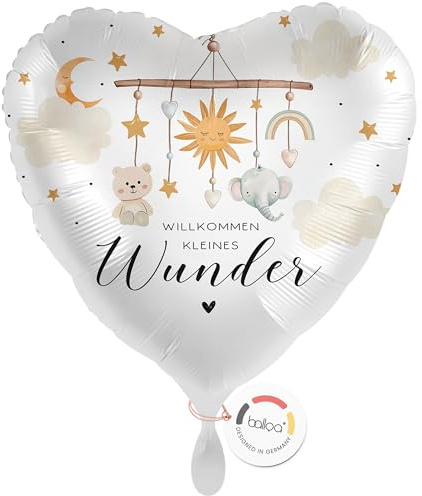 balloa Folienballon XXL Willkommen kleines Wunder, Helium Ballon Geburt, neutrales Geschenk zur Babyparty und Babyshower, Herzform mit Elefant und Sternen, 53cm