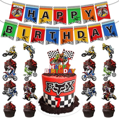 Dirt Bike Birthday Party Decorations for Boys Girls, Motorcycle Theme Happy Birthday Banner Cake Cupcake Toppers for Dirtbike Motocross Party Supplies Birthday Baby Shower Decor