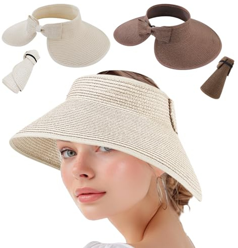 EDLMKM 2 Pcs Sun Visor Hat with Wide Brim Straw Roll-Up Ponytail Summer Beach Hatt, SStraw Hat Women Visor Hats, Foldable Straw Sun Visor Hats (UK, Alpha, One Size, Light Khaki, Dark Brown)