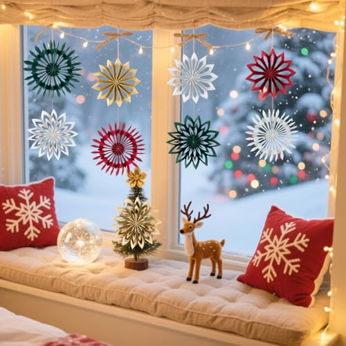 SUNBEAUTY Weihnachtsbaum Deko 3D Mini Papier Aufhängen Fächer Schneeflocke Hängen Papier Girlande Boho Pappsterne für Weihnachten Deko Herbst/Winter Dekoration,Tischdeko,Waldgeburtstag (9 Stück,Rot)