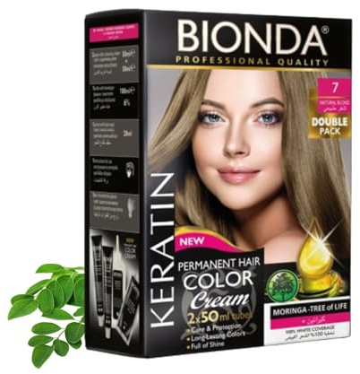 Bionda Professional Hårfärg 7 Naturlig Blond 200 ml Dubbelpack Keratin | Permanent cremefärg med keratin och moringa som täcker grått till 100% och ger jämn, långvarig färg med lyster