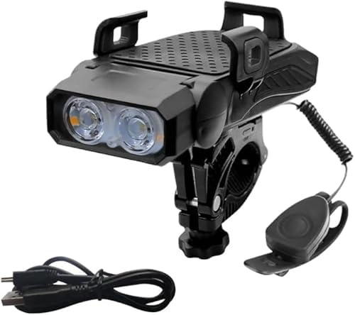 Micmetago Notkraft Smart 4-in-1 Handyhalterung Fahrrad mit Licht, Hupe & Powerbank – Wasserdicht, Universal Lenkerhalterung für iPhone & Android (Schwarz Doppellampe)