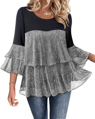 Bebonnie Dressy Blouses for Women Elegant Evening Wedding Guest: Womens Sparkly Sequin Cute Fall Clothes Bell Sleeve Flowy Blouse Classy Bridal Shower Guest Disco Tops Older Women Black Silver L