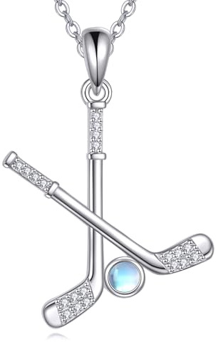DAYLINLOVE Hockeyschläger und Ball Anhänger Halskette 925 Sterling Silber Mondstein Hockey Schmuck Geschenke für Frauen