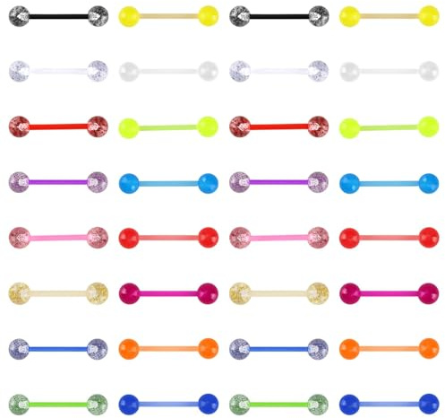 iwui 32 unidades de Piercing Lengua 14G Pendientes para Lengua de Colores Brillantes Piercings Plásticos Lengua Pezón Barras de Silicona 16mm, Acrílico