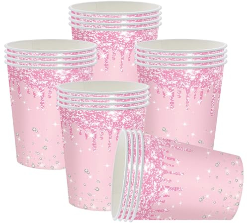 ATBEAMEN 20Pcs Pink Paper Cups 9oz,Diamond 250ml Drinking Cups Disposable Party Paper Cup Sparkling Pink Cup for DIY Birthday Christmas,Picnic,Baby Shower Wedding Party Cups Supplies