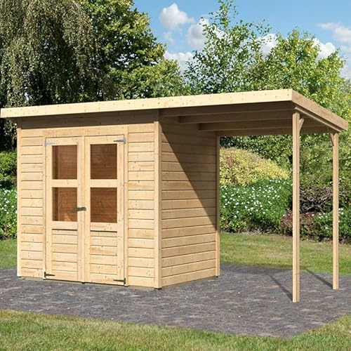 Karibu Abri de Jardin Bois Brut Merseburg 3 | 3,3m² avec Appentis | Double Porte Semi-Vitrée, Toit Monopente, Épicéa Nordique | Kit de Fondation Autoclave Inclus