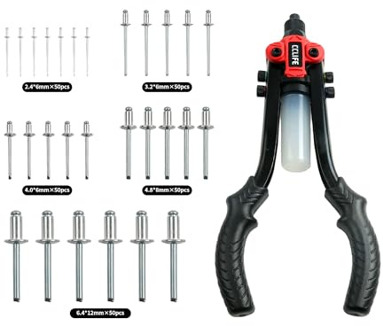 Nietenzange Set 250 Blindnieten – Langarm mit Sammelflasche, Popnietenzange mit austauschbaren Mundstücken – Metall, Werkstatt, DIY