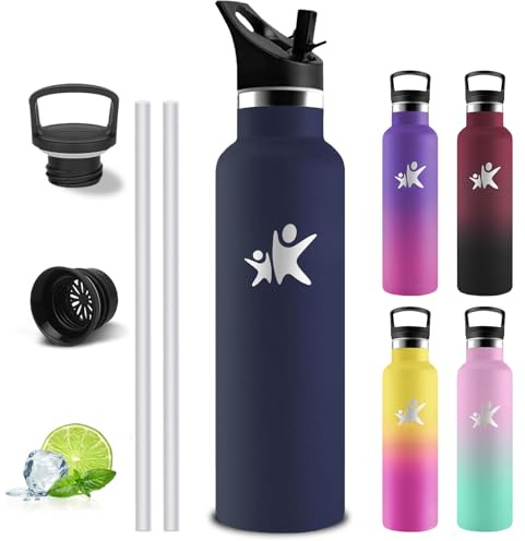 Grsta Botella Agua Acero Inoxidable- 1 litro- Botella Agua, A Prueba de Fugas, Cantimplora con Pajita, Cantimplora Gym, Mantiene 24H Frio/12H Calor, para Deportes, Senderismo, Gimnasio, Cámping
