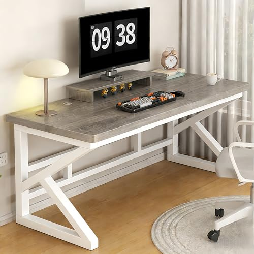 Esspoxi Mesa Escritorio Diseño Minimalista con Patas en K, Mesa Estudio Moderna con Tablero Grueso 3cm y Bordes Redondeados, Mueble de Oficina en Casa Estético y Seguro(Gray,W-FR,31.5in)
