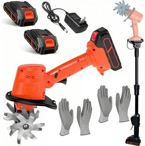 Cordless Mini Electric Tiller Cultivator, 21V Battery Powered Garden Rotavator Tiller with 2×1.5Ah Batteries, 10″ Tilling Width & 10″ Depth, 235RPM, for Gardening, Lawn, Greenhouse