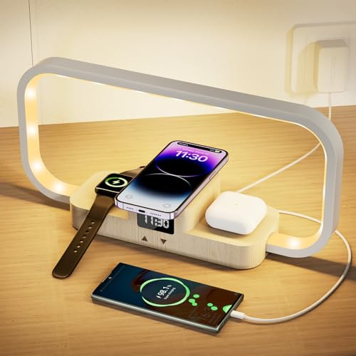 CRLL Lampe de Chevet Chargeur sans Fil, Lampe de Table Dimmable 5 Couleurs à Commande Tactile, Lampe Bureau avec Horloge et Port USB, pour Lecture Chambre Bureau, Bois&Blanc