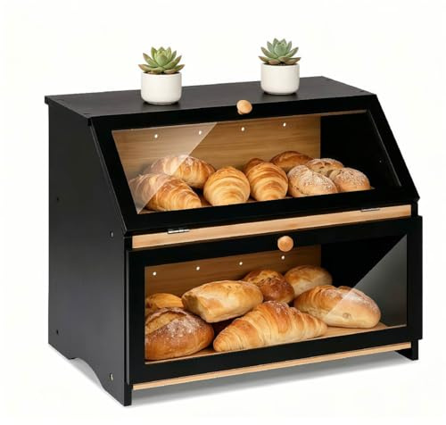 MEETOZ 2-Layer Bamboo Bread Bin, Large Capacity Bread Storage Bin with Clear Acrylic Window, Black Bread Bins for Kitchen, for Homemade Breads, Desserts, Seasoning Bottles, Bottles Jars