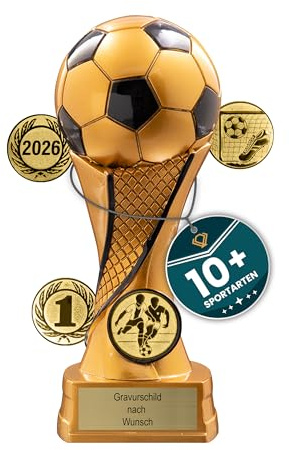 Pokal mit Gravur Wunschtext, Resin, Sportemblem nach Wahl, 3er | Personalisierte Auszeichnung für Fußball WM & Sport Events, inkl. Marmorsockel, Farben gold
