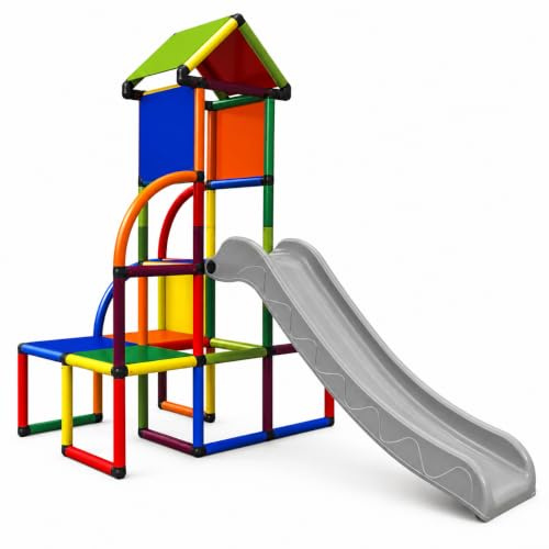 Move and Stic Toni Tour d'escalade avec toboggan et toit, tour de jeu colorée pour enfants, intérieur et extérieur, système d'emboîtement extensible, résistant aux UV, certifié TÜV/GS, EN 71, env. 225