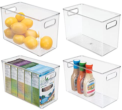 mDesign 4er-Set Aufbewahrungsbox mit Griffen – hohe Kühlschrankbox zur Lebensmittelaufbewahrung – Ablage aus Kunststoff für den Küchen- oder Kühlschrank – grau
