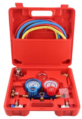 SOULONG Coffret de Manomètres de Climatisation R134a avec Tuyaux de Charge Tricolores et Adaptateurs, Kit de Climatisation de Voiture Réfrigérant Collecteur pour Systèmes de Climatisation Automobile