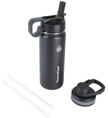 Thermoflask 18 oz Double Wall Vacuum Insulated Stainless Steel Water Bottle with Spout and Straw Lids, Black