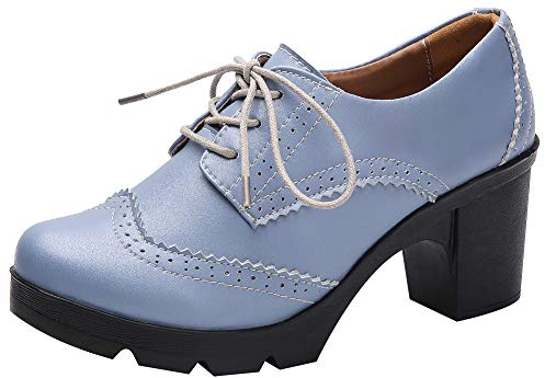 Jamron kvinnors blockklack snörning brogues derby skor pumps finskor, BLÅ, 40 EU