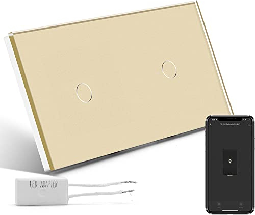 BSEED Touch Dimmer 1-Fach 1-Weg (KEIN WLAN) und WIFI-Schalter 1-Fach 1-Weg (Neutralkabel Erforderlich) Alexa Glasscheibe Wandlichtschalter Gold
