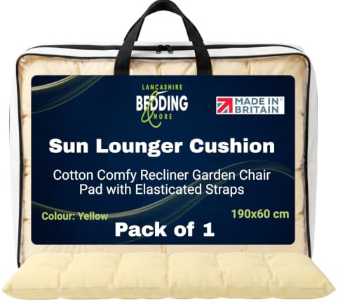 Lancashire Bedding Sun Lounger Cushion 190x60 cm Polycotton Comfy Recliner Garden Chair Pad with Elasticated Straps, Durable Outdoor Sunbed Replacement Cushion (Yellow, Pack of 1)